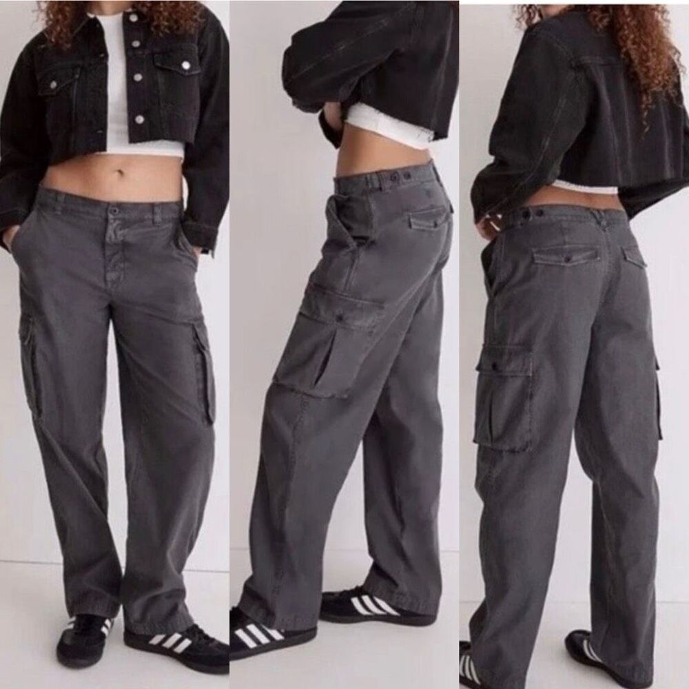 Madewell Garment Dyed Low Rise Slung Straight Cargo Gray Pant Pockets Utility 25